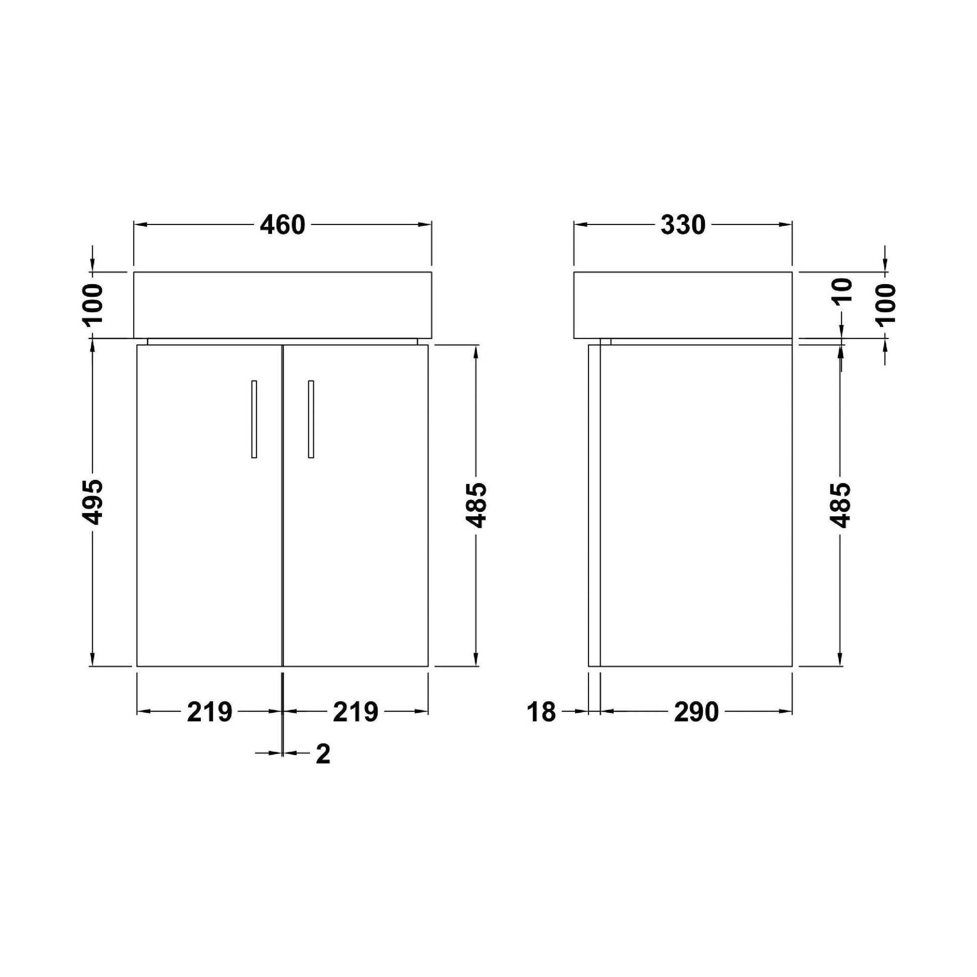 [BFCRW450] Wall Hung 2 Door Cloakroom Vanity Basin Unit - 450mm - Gloss White - Technical Drawing
