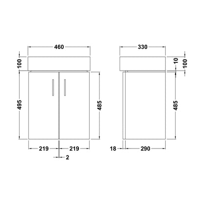 [BFCRW450] Wall Hung 2 Door Cloakroom Vanity Basin Unit - 450mm - Gloss White - Technical Drawing