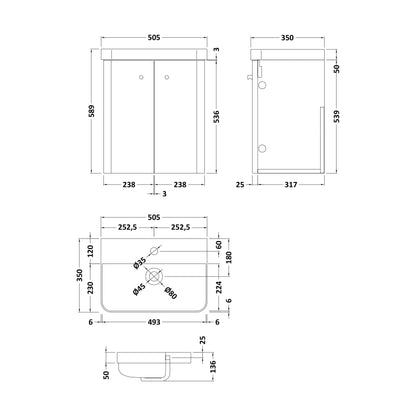 [BFCU10333] Balterley Curve Modern Bathroom Wall Hung 2 Door Vanity Unit Basin, Gloss White/Chrome, 479mm - Technical Drawing