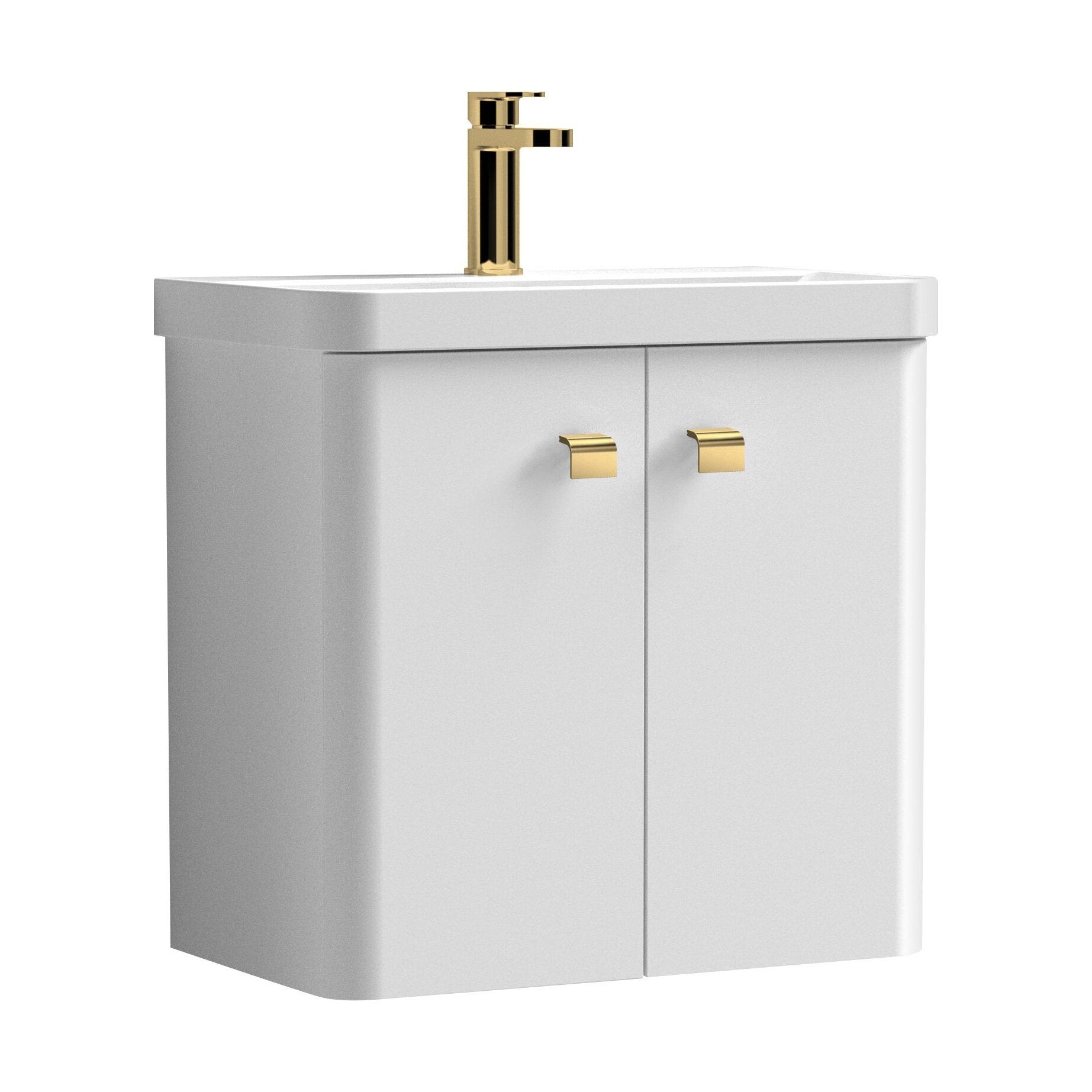 [BFCU1053] Balterley Curve Modern Bathroom Wall Hung 2 Door Vanity Unit Basin, Gloss White/Brushed Brass, 579mm - Cutout
