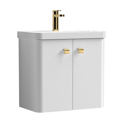 [BFCU1053] Balterley Curve Modern Bathroom Wall Hung 2 Door Vanity Unit Basin, Gloss White/Brushed Brass, 579mm - Cutout