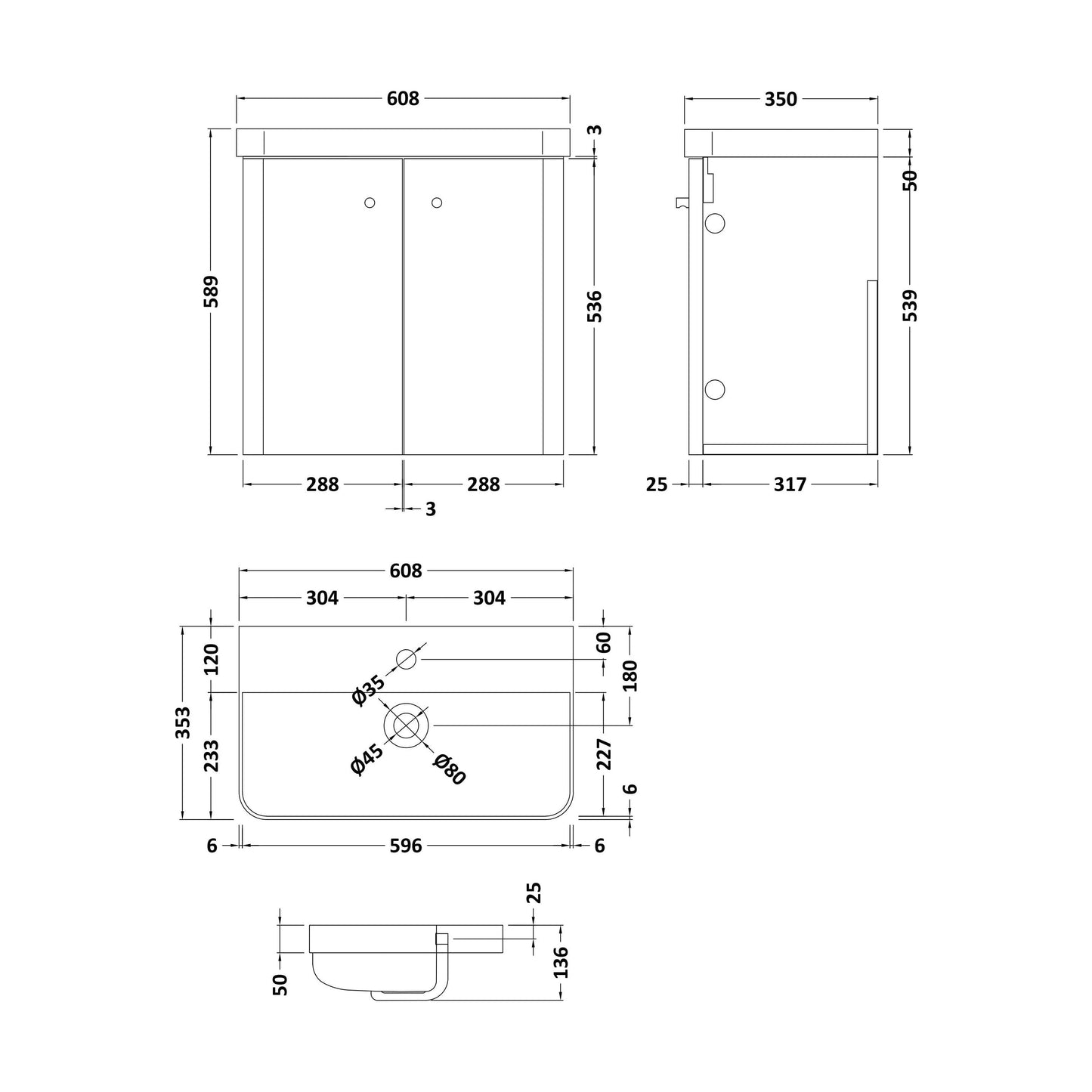 [BFCU1055] Balterley Curve Modern Bathroom Wall Hung 2 Door Vanity Unit Basin, Gloss White/Matt Black, 579mm - Technical Drawing