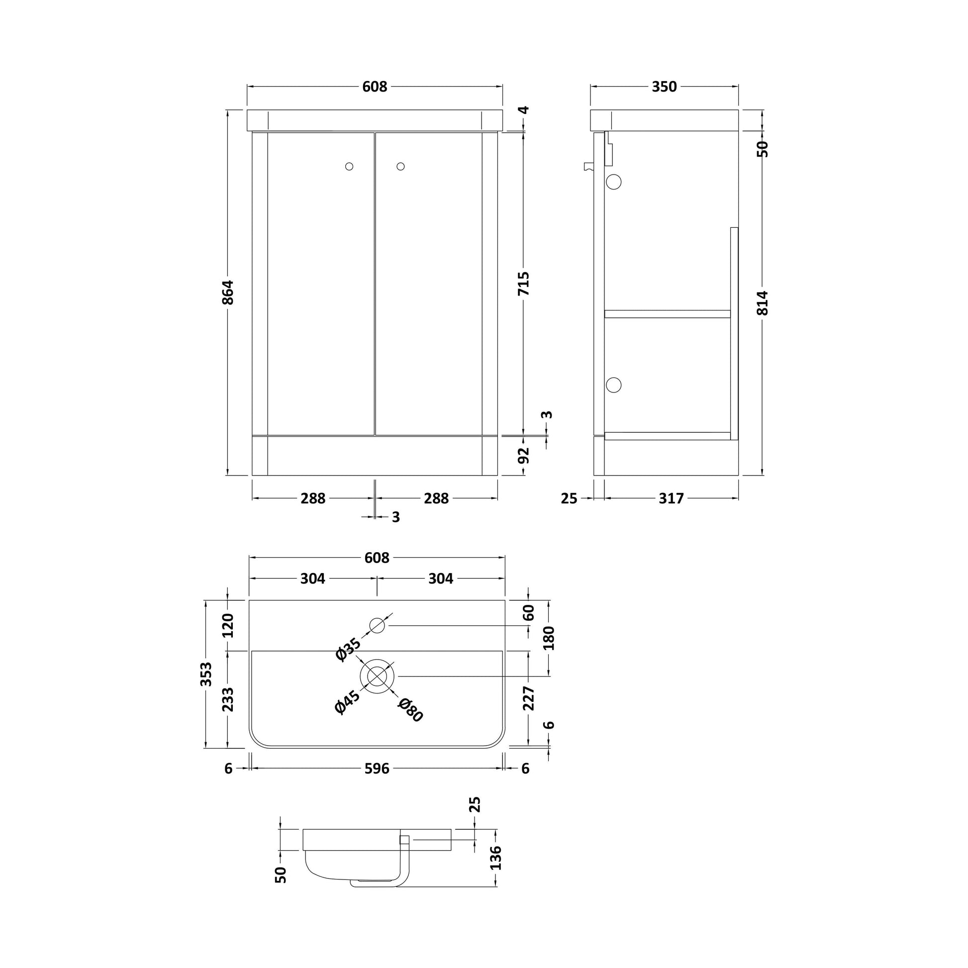 [BFCU106] Flashbrook Contemporary Floor Standing 2 Door Vanity Unit with 1 Tap Hole Ceramic Basin - Choice of Size and Finish - Technical Drawing