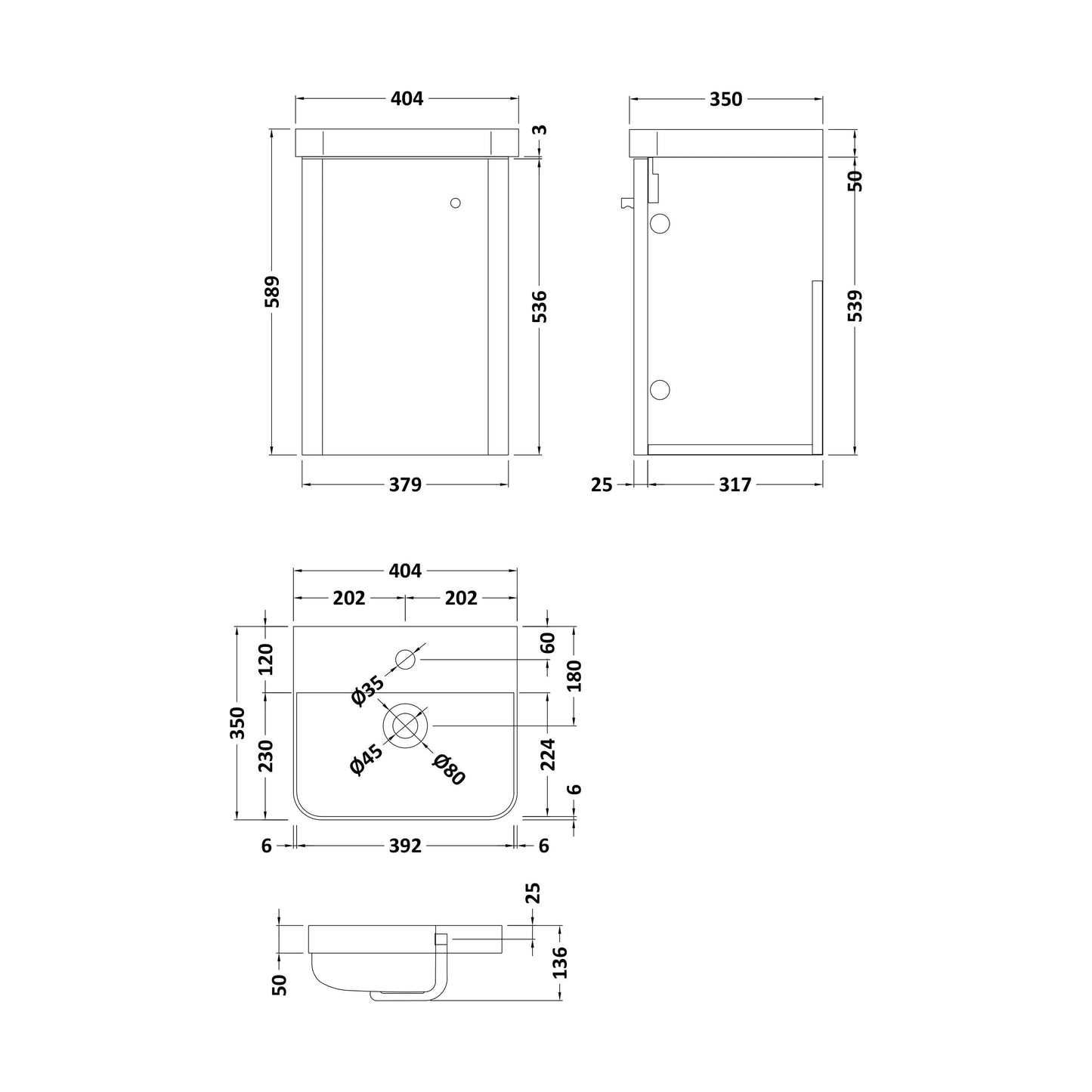 [BFCU1401] Flashbrook Contemporary Wall Hung 1 Door Vanity Unit with Ceramic Sink - 400mm - Technical Drawing