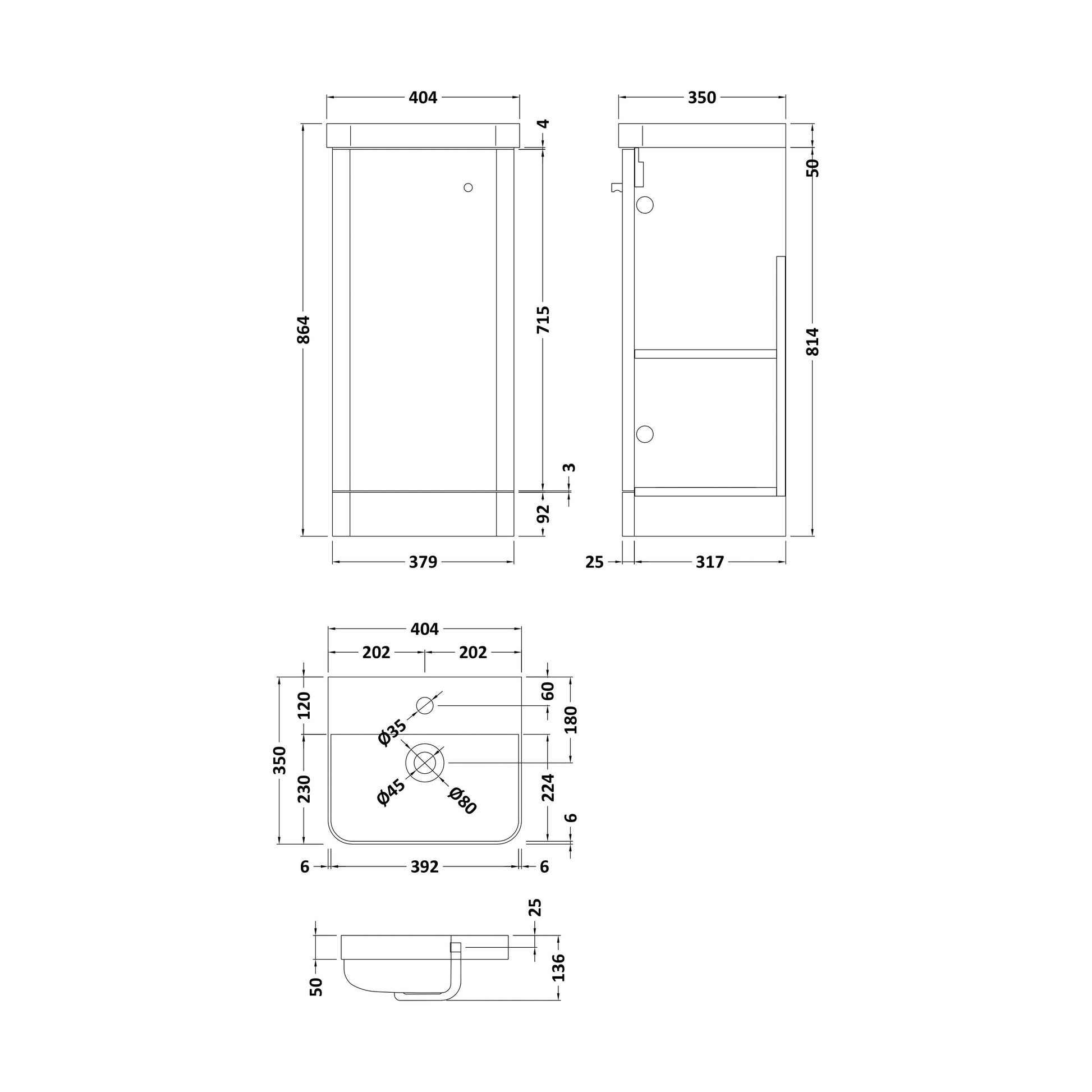 [BFCU1402] Flashbrook Floor Standing 1 Door Vanity Unit with Ceramic Basin - 400mm, Choice of Colour - Technical Drawing