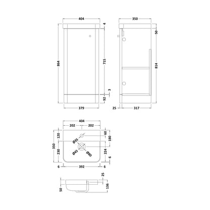 [BFCU1402] Flashbrook Floor Standing 1 Door Vanity Unit with Ceramic Basin - 400mm, Choice of Colour - Technical Drawing