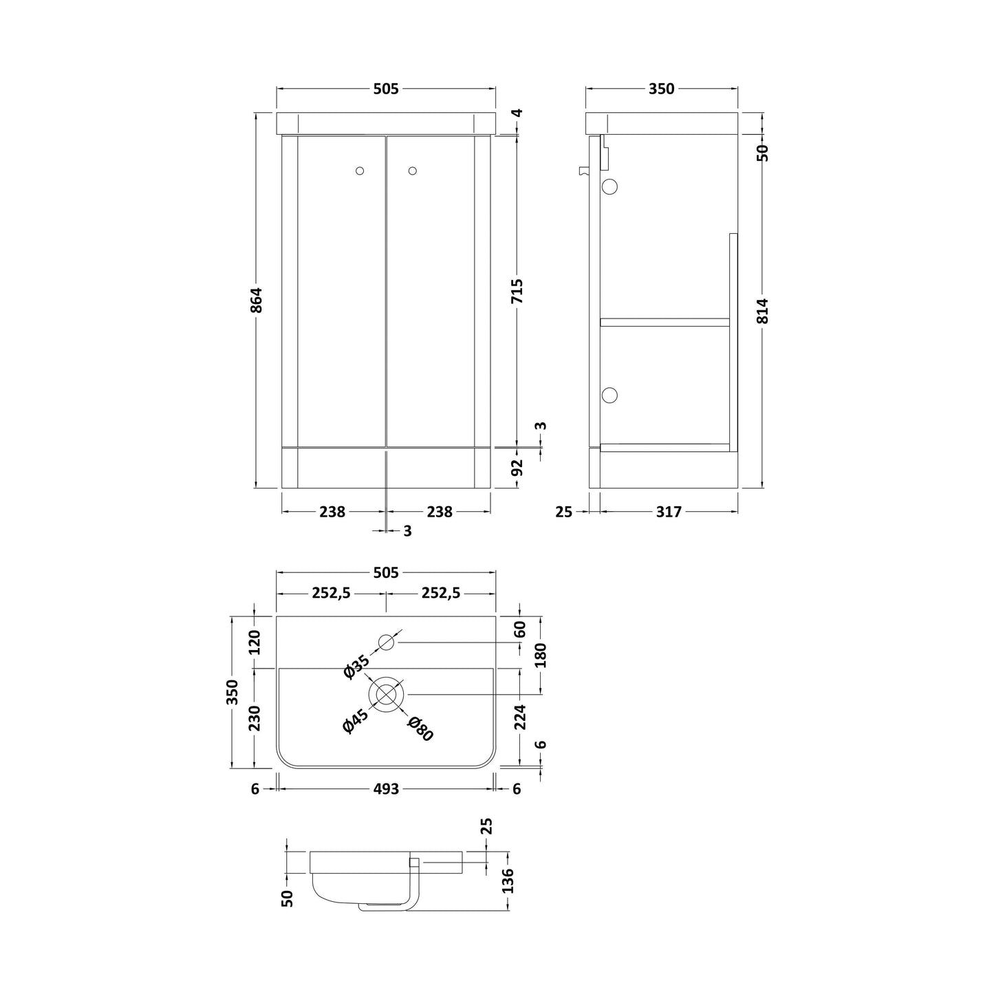 [BFCU1404] Flashbrook Contemporary Floor Standing 2 Door Vanity Unit with 1 Tap Hole Ceramic Basin - Choice of Size and Finish - Technical Drawing