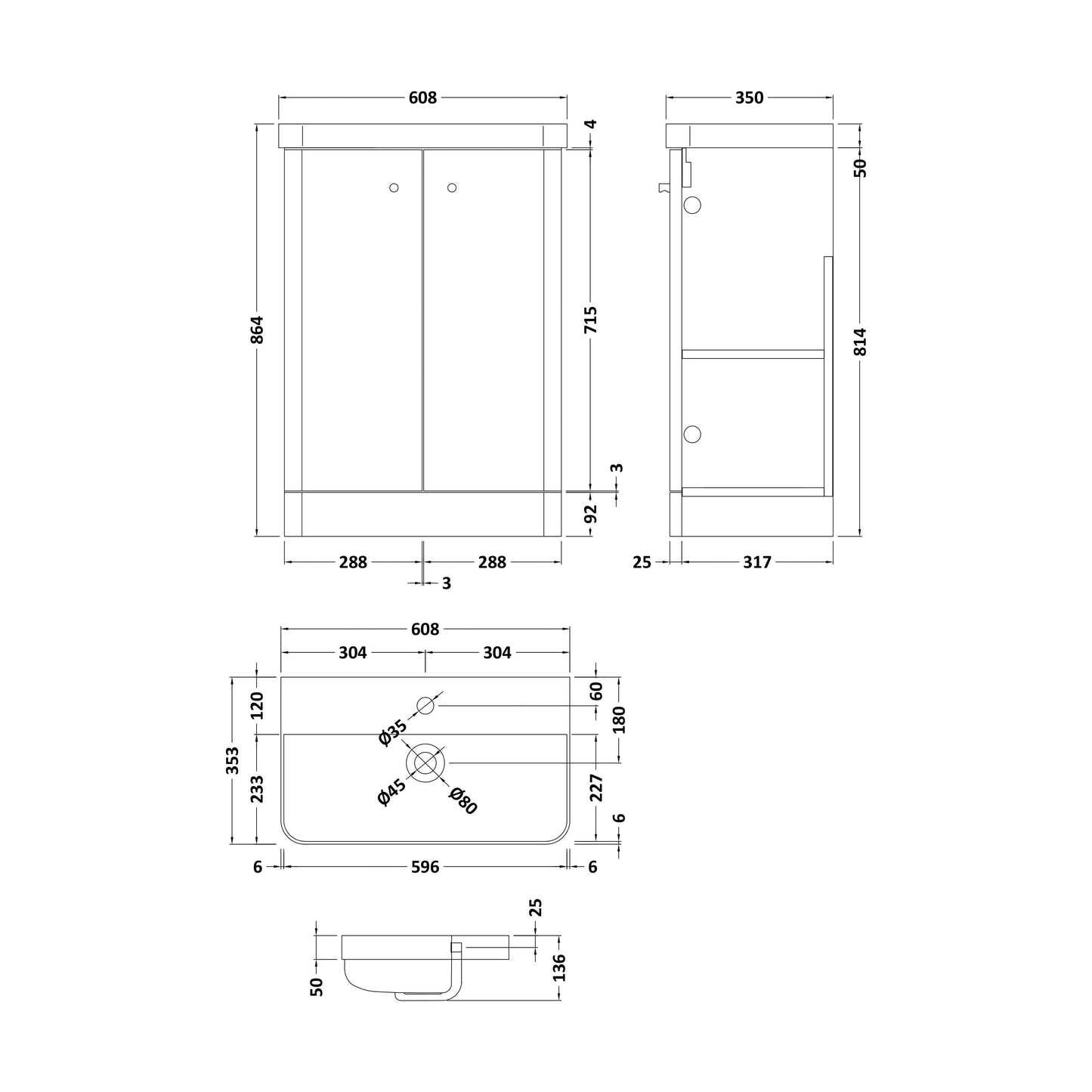 [BFCU1406] Flashbrook Contemporary Floor Standing 2 Door Vanity Unit with 1 Tap Hole Ceramic Basin - Choice of Size and Finish - Technical Drawing