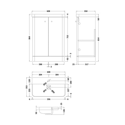 [BFCU1406] Flashbrook Contemporary Floor Standing 2 Door Vanity Unit with 1 Tap Hole Ceramic Basin - Choice of Size and Finish - Technical Drawing