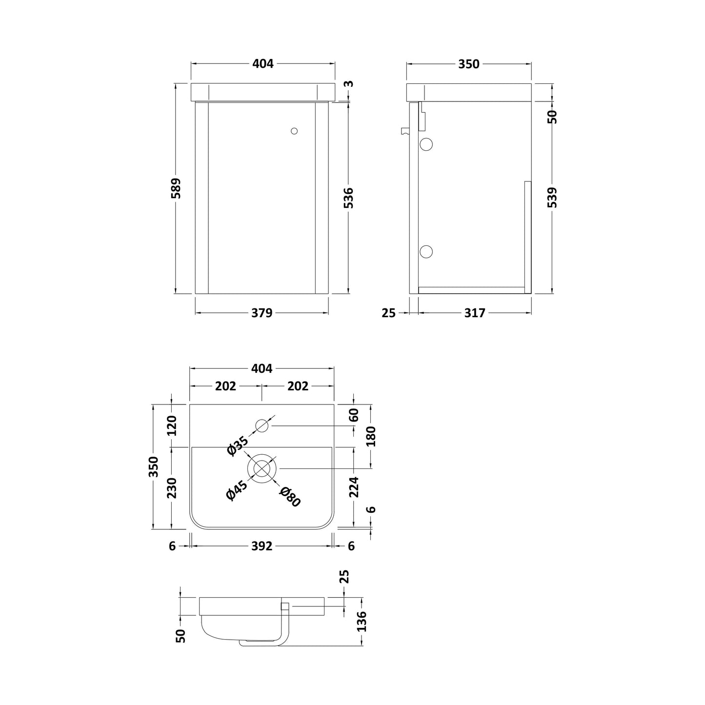 [BFCU801] Flashbrook Contemporary Wall Hung 1 Door Vanity Unit with Ceramic Sink - 400mm - Technical Drawing