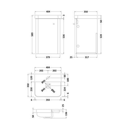 [BFCU801] Flashbrook Contemporary Wall Hung 1 Door Vanity Unit with Ceramic Sink - 400mm - Technical Drawing
