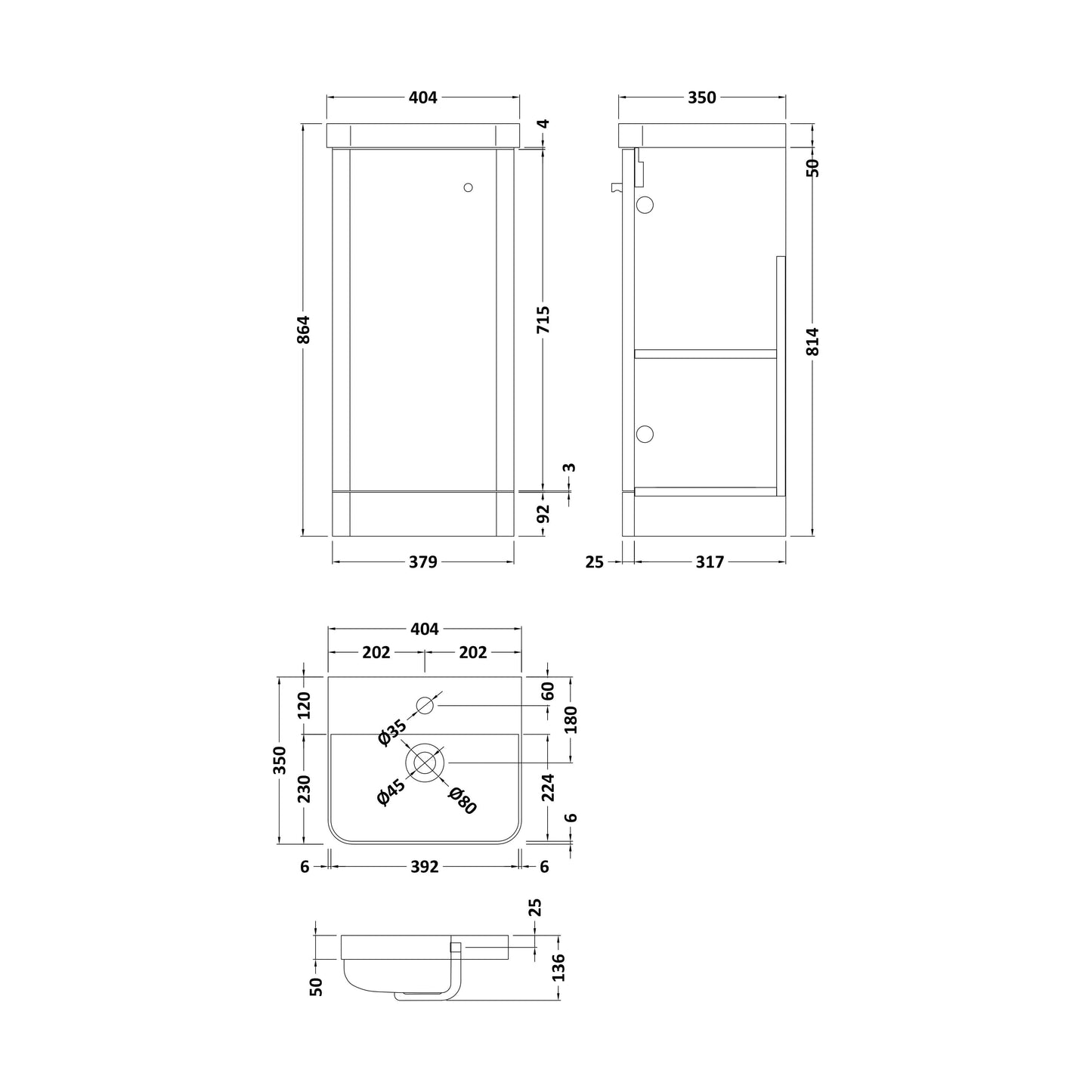[BFCU802] Flashbrook Floor Standing 1 Door Vanity Unit with Ceramic Basin - 400mm, Choice of Colour - Technical Drawing