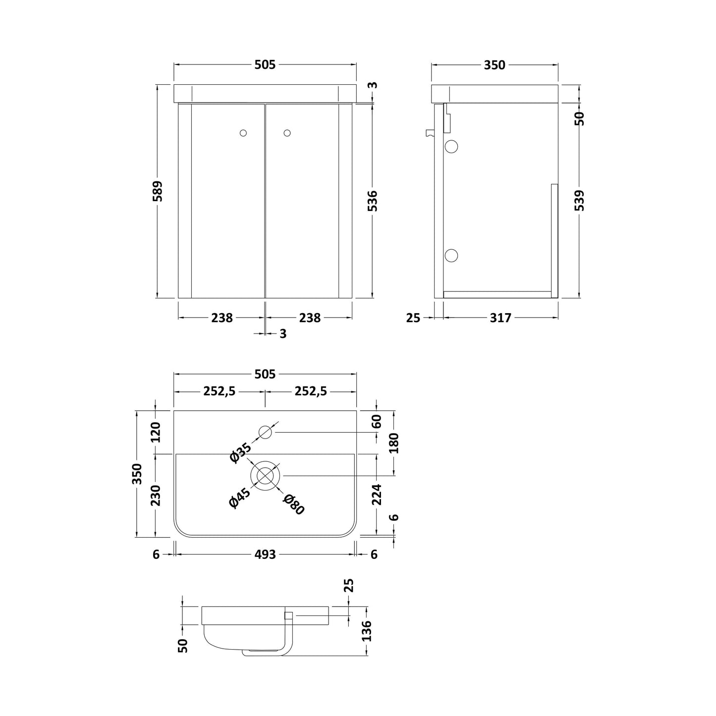 [BFCU803] Flashbrook Contemporary Wall Hung 2 Door Vanity Unit with 1 Tap Hole Basin, Choice of Size and Colour - Technical Drawing