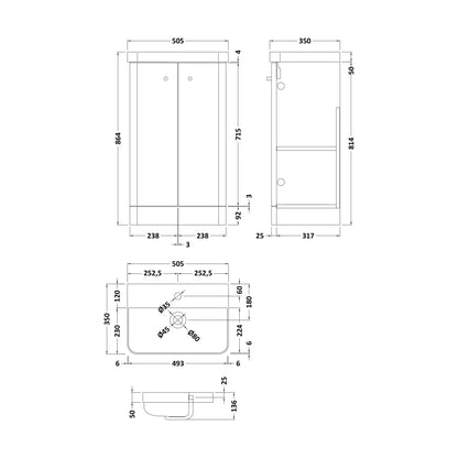 [BFCU804] Flashbrook Contemporary Floor Standing 2 Door Vanity Unit with 1 Tap Hole Ceramic Basin - Choice of Size and Finish - Technical Drawing