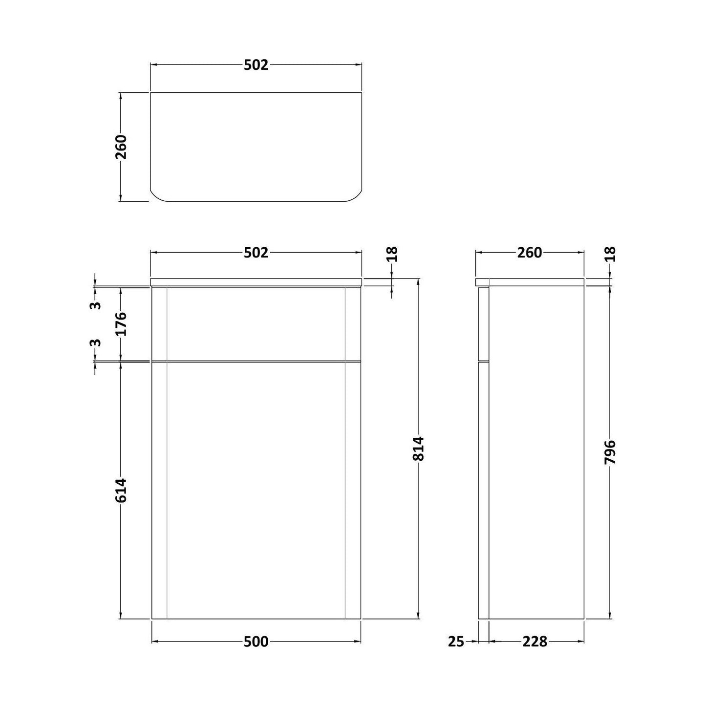 [BFCU841] Flashbrook Contemporary Floor Standing WC Toilet Unit - 500mm - Choice of Finish - Technical Drawing
