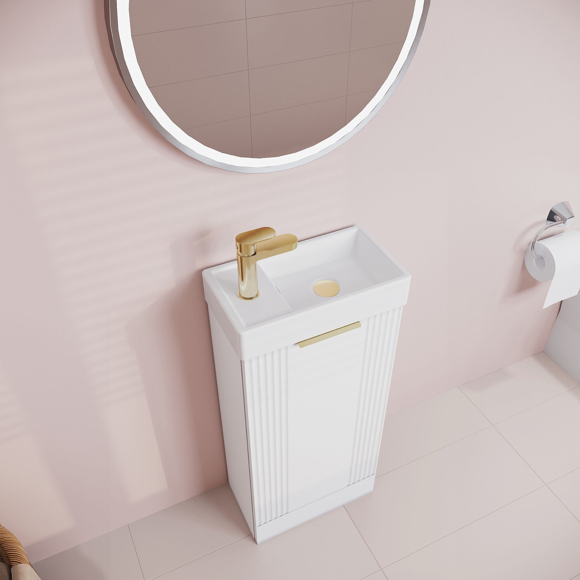 [BFDE120H324] Belvide Retro Floor Standing 1 Door Cloakroom Vanity Basin Unit, 400mm, Choice of Colour and Handle Finish - Lifestyle 2