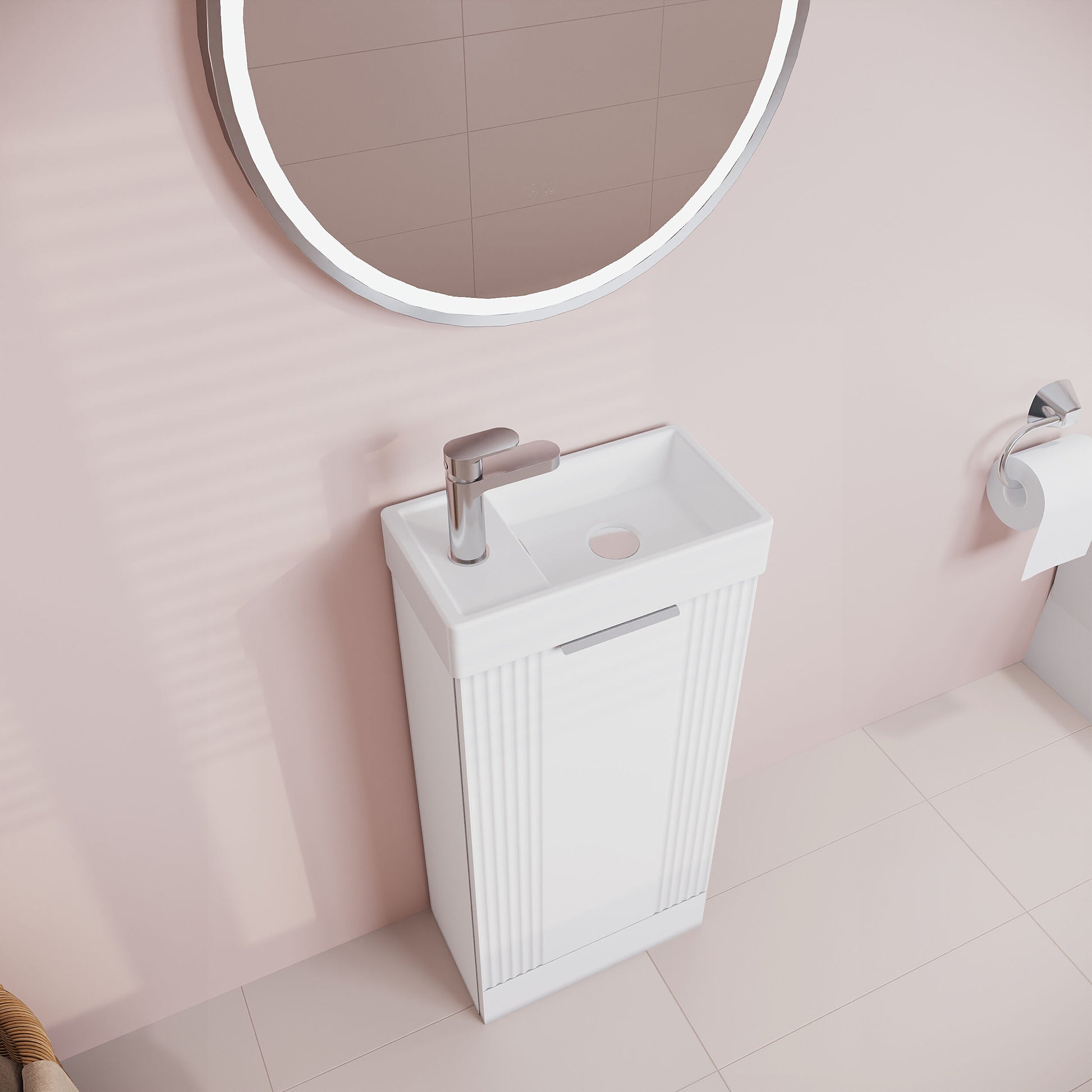 [BFDE120] Belvide Retro Floor Standing 1 Door Cloakroom Vanity Basin Unit, 400mm, Choice of Colour and Handle Finish - Lifestyle 2
