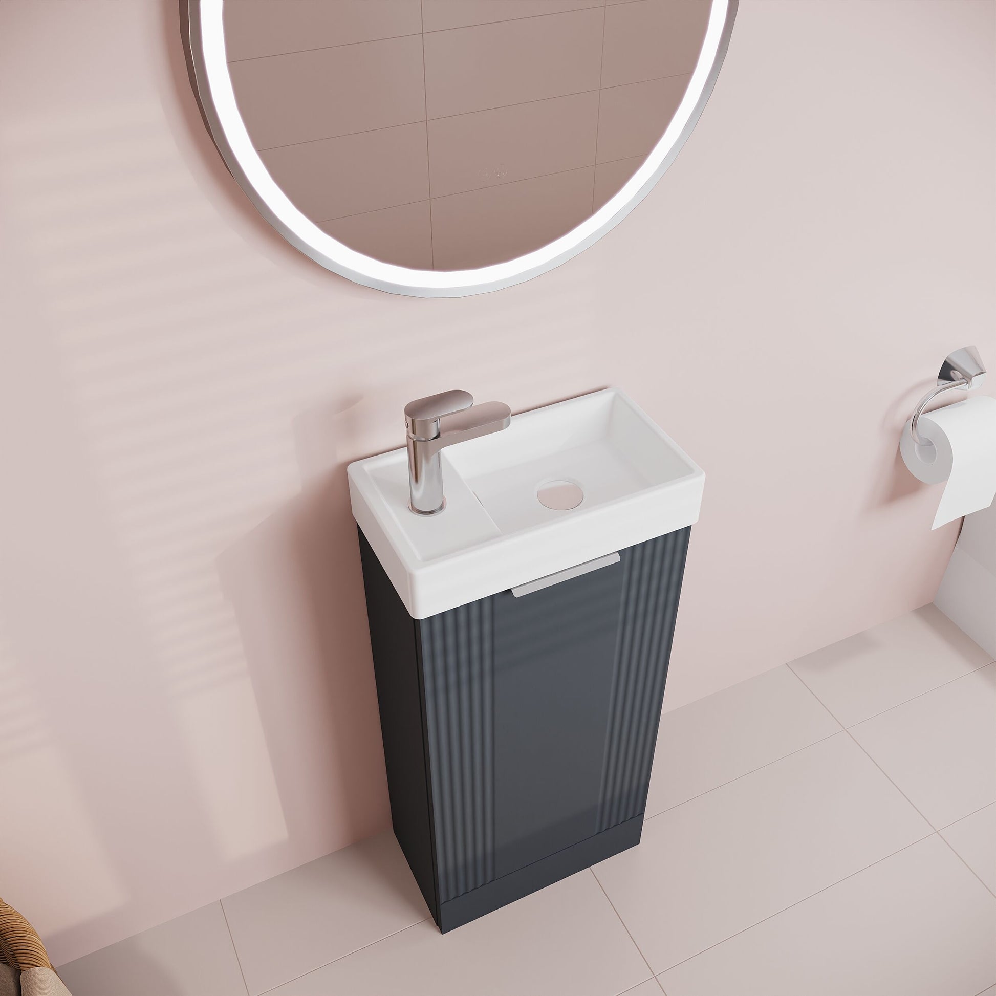 [BFDE1420] Belvide Retro Floor Standing 1 Door Cloakroom Vanity Basin Unit, 400mm, Choice of Colour and Handle Finish - Lifestyle 2