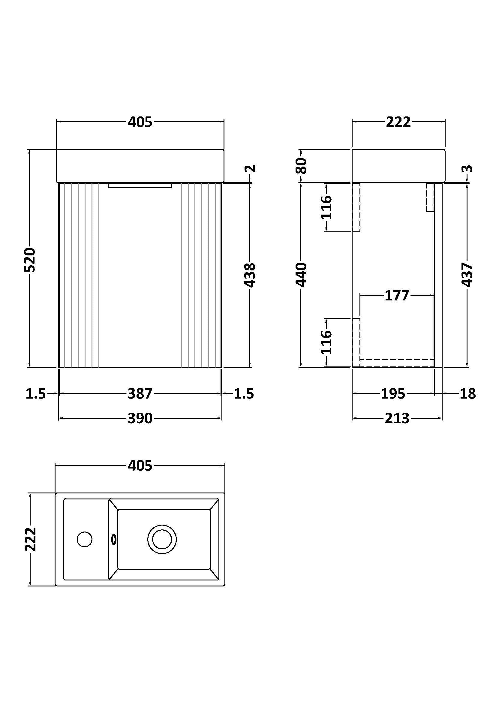 [BFDE1490] Belvide Retro Wall Hung Bathroom Cloakroom Vanity Basin Unit 438 x 400 x 222mm - Multiple Colours - Technical Drawing