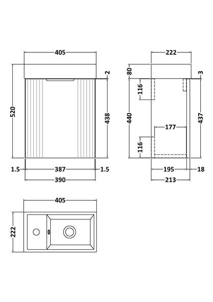 [BFDE290] Belvide Retro Wall Hung Bathroom Cloakroom Vanity Basin Unit 438 x 400 x 222mm - Multiple Colours - Technical Drawing