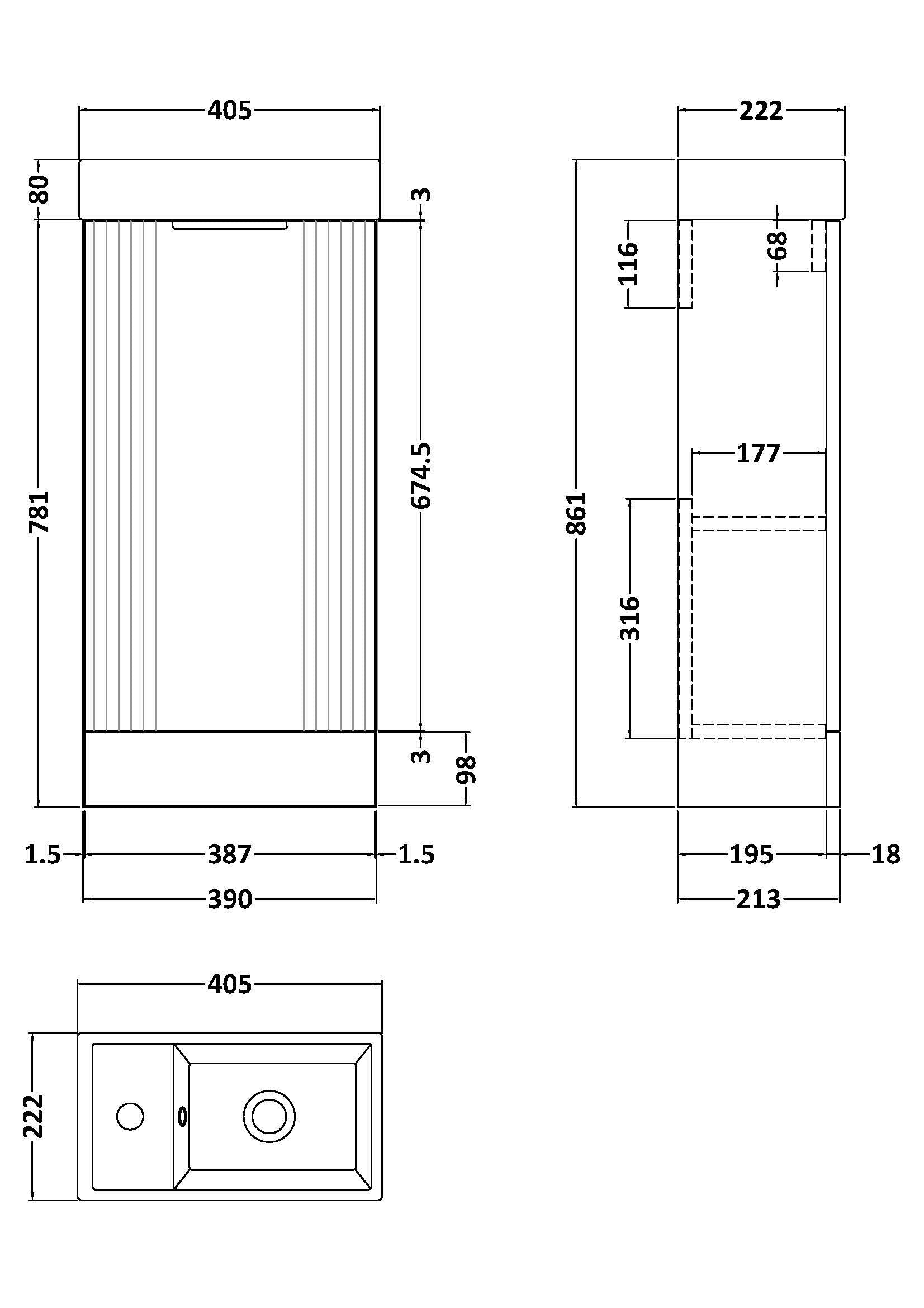 [BFDE320] Belvide Retro Floor Standing 1 Door Cloakroom Vanity Basin Unit, 400mm, Choice of Colour and Handle Finish - Technical Drawing