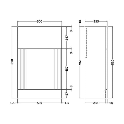 [BFDE341] Belvide Modern Bathroom Retro Floor Standing WC Back to Wall Toilet Unit, 500mm, Choice of Colour - Technical Drawing