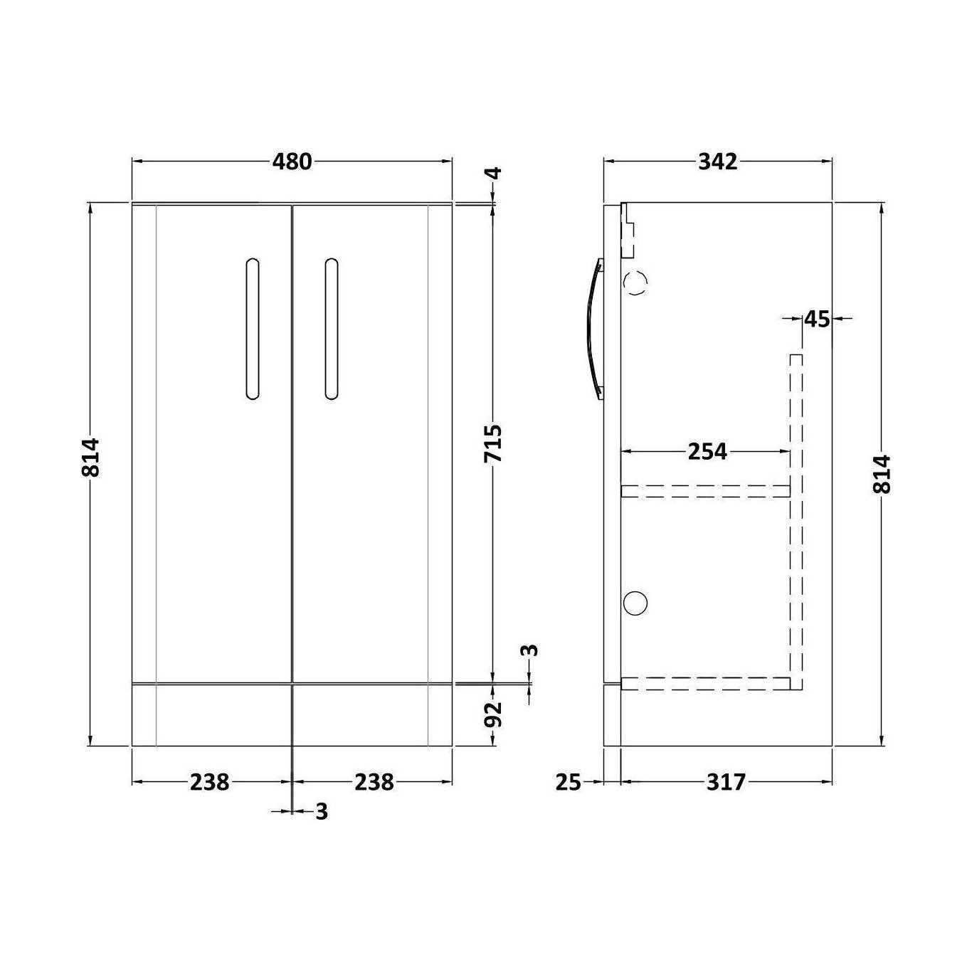 [BFDRF500AB] Direction 500mm 2 Door Floor Basin Unit - Technical Drawing