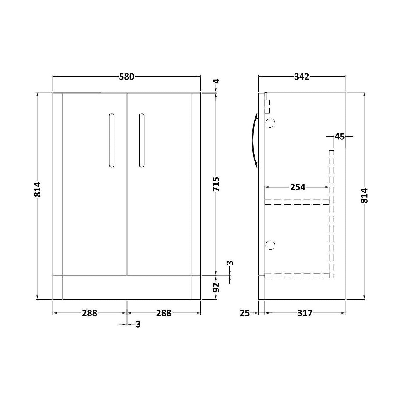 [BFDRF600GR] Direction 600mm 2 Door Floor Basin Unit - Technical Drawing