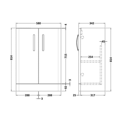 [BFDRF600GR] Direction 600mm 2 Door Floor Basin Unit - Technical Drawing