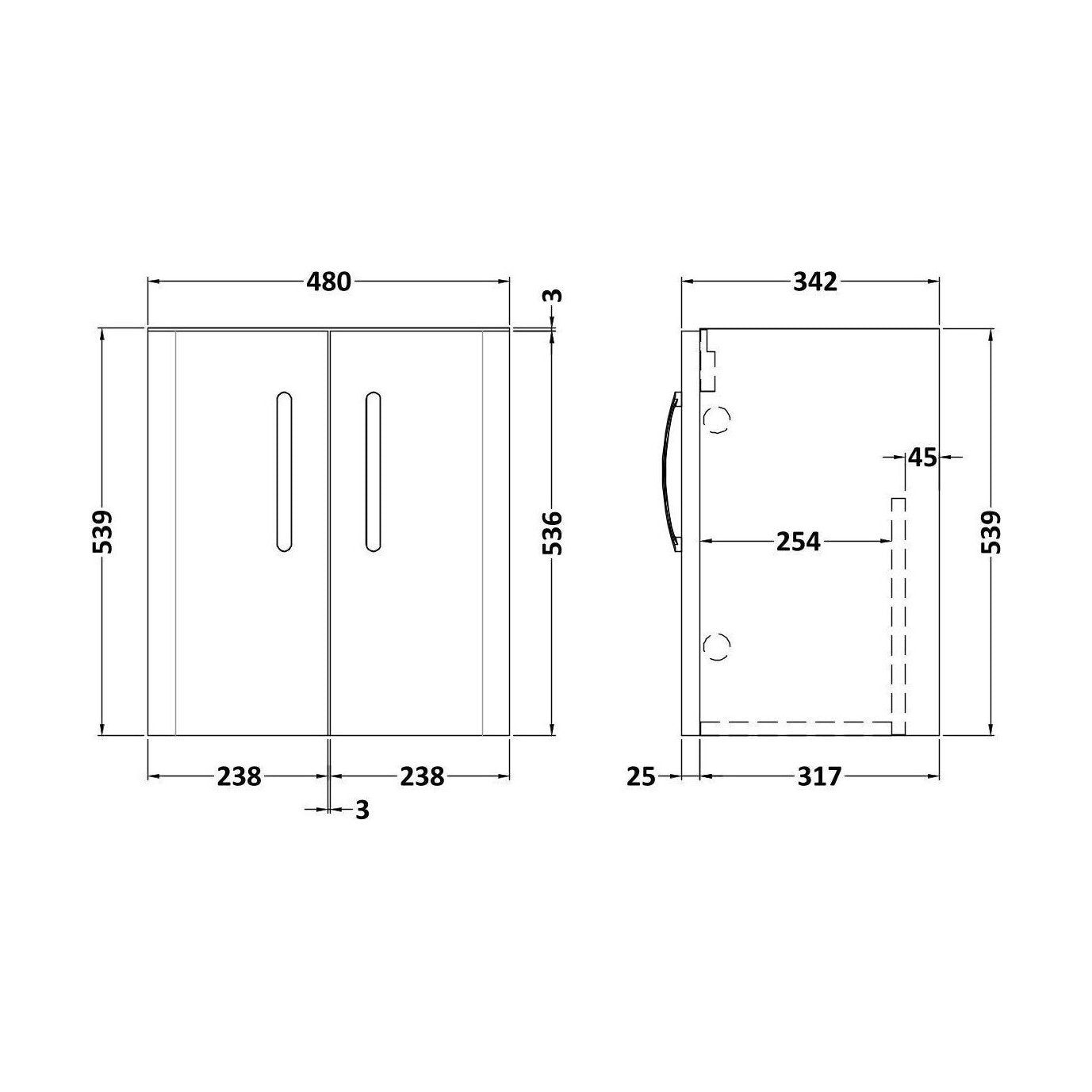 [BFDRW500GR] Direction 500mm 2 Door W/Hung Basin Unit - Technical Drawing