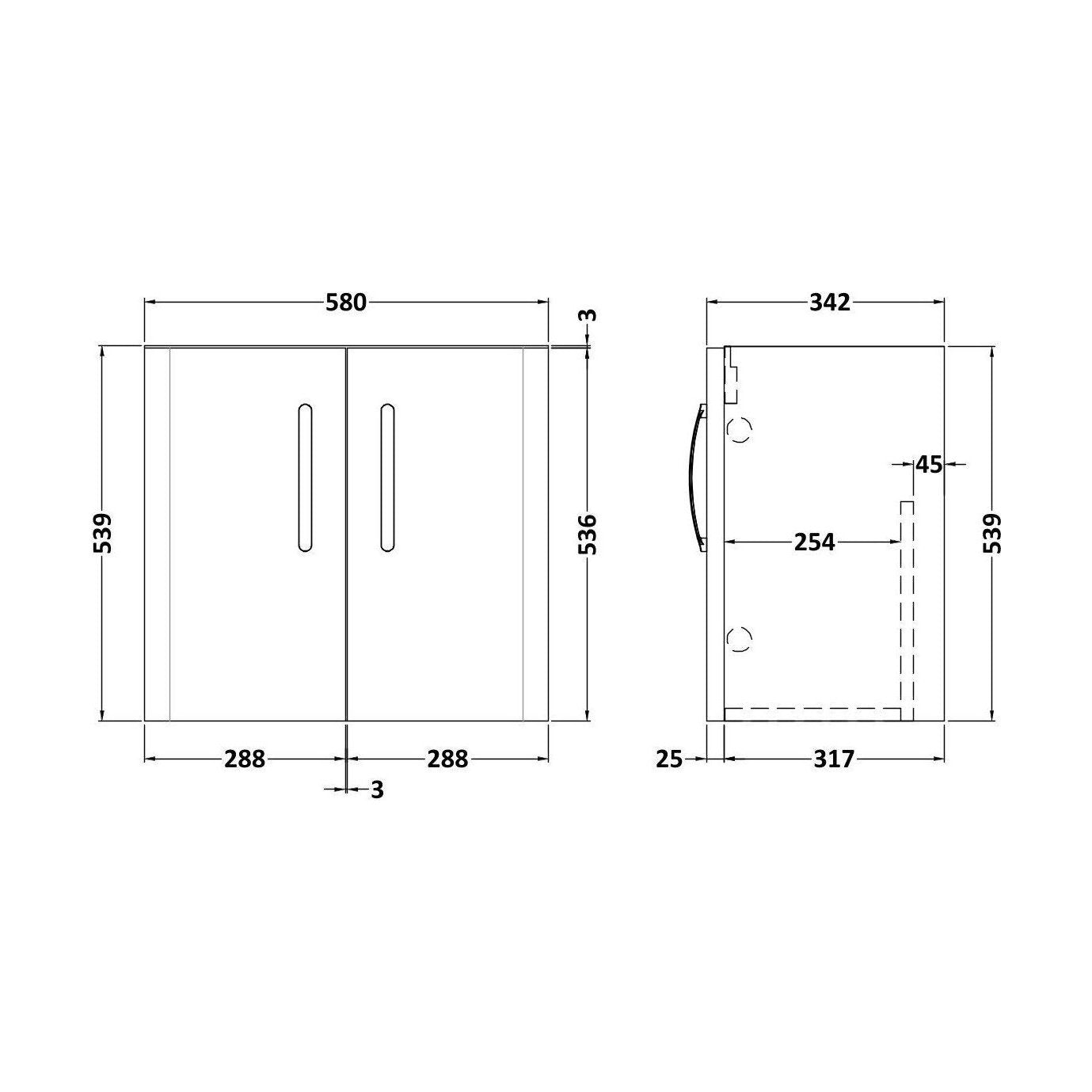 [BFDRW600AB] Direction 600mm 2 Door W/Hung Basin Unit - Technical Drawing
