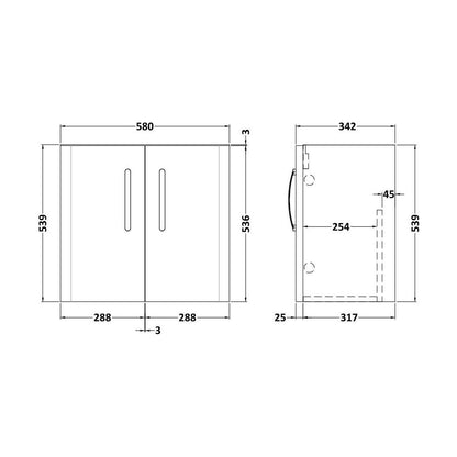 [BFDRW600WH] Direction 600mm 2 Door W/Hung Basin Unit - Technical Drawing