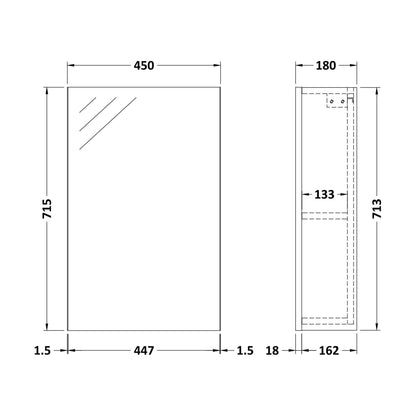 [BFDT116] 450 Single Mirror Cabinet (180mm Deep) - Technical Drawing