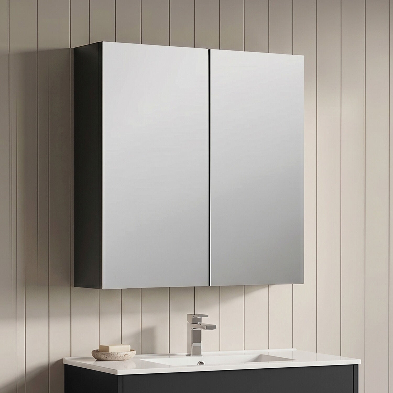 [BFDT1417] Aldershawe 600mm 2 Door Dark Grey Wall Hung 50/50 Mirror Cabinet - Silo