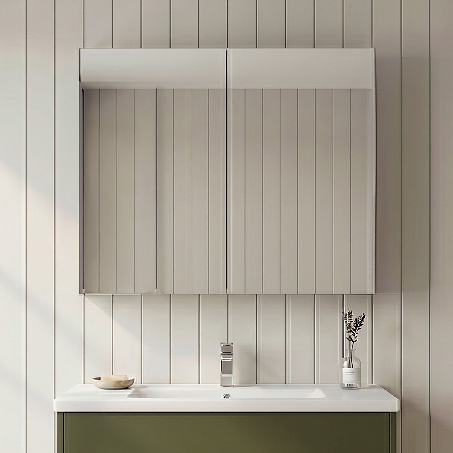 [BFDT817] Aldershawe 600mm 2 Door Green Wall Hung 50/50 Mirror Cabinet - Silo
