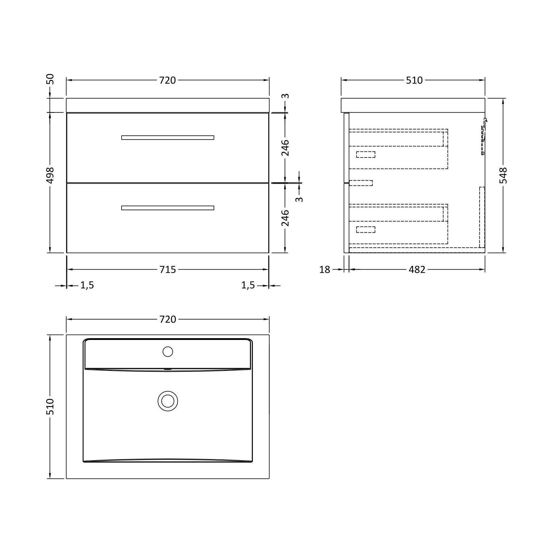 [BFDU006] Wall Hung 2 Drawer Vanity Unit with Polymarble Basin, 720mm - Gloss Grey - Technical Drawing