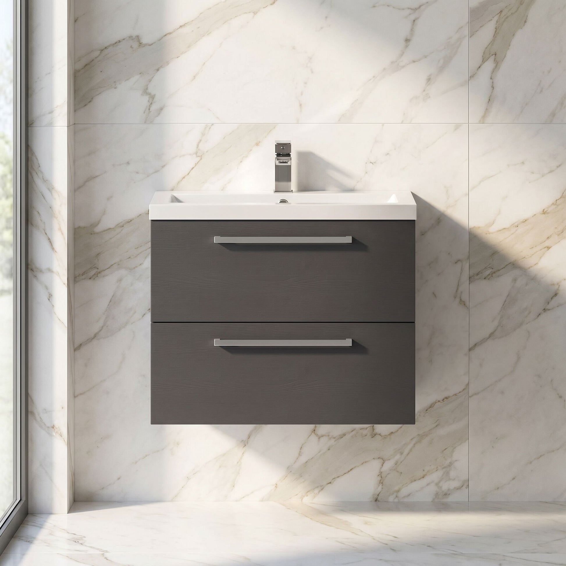 [BFDU006] Wall Hung 2 Drawer Vanity Unit with Polymarble Basin, 720mm - Gloss Grey - Silo