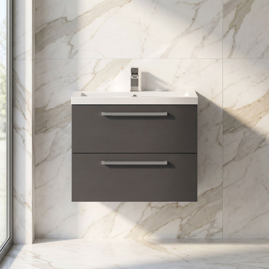[BFDU006] Wall Hung 2 Drawer Vanity Unit with Polymarble Basin, 720mm - Gloss Grey - Silo