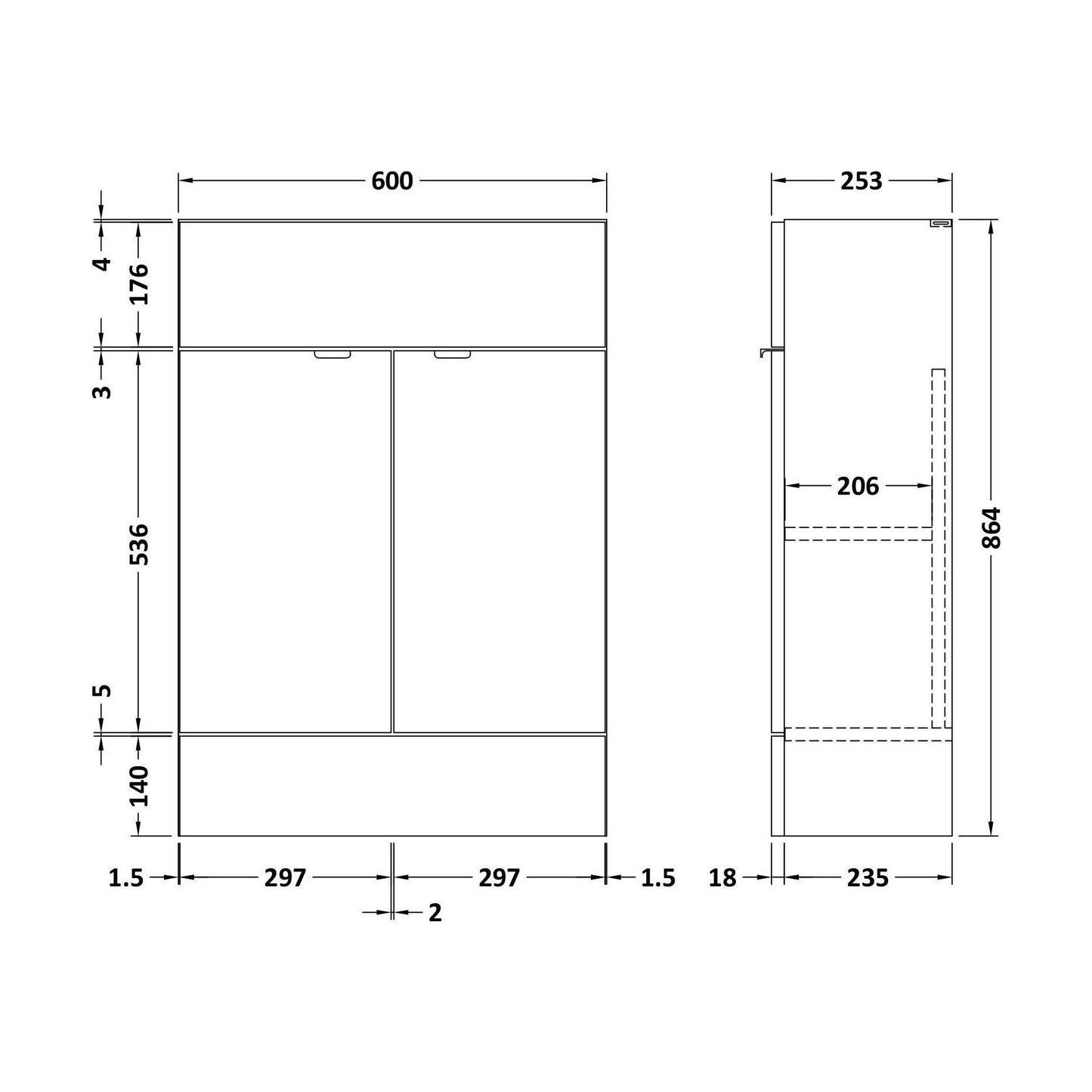 [BFDY107F] 600 Vanity Unit (255mm Deep) - Technical Drawing