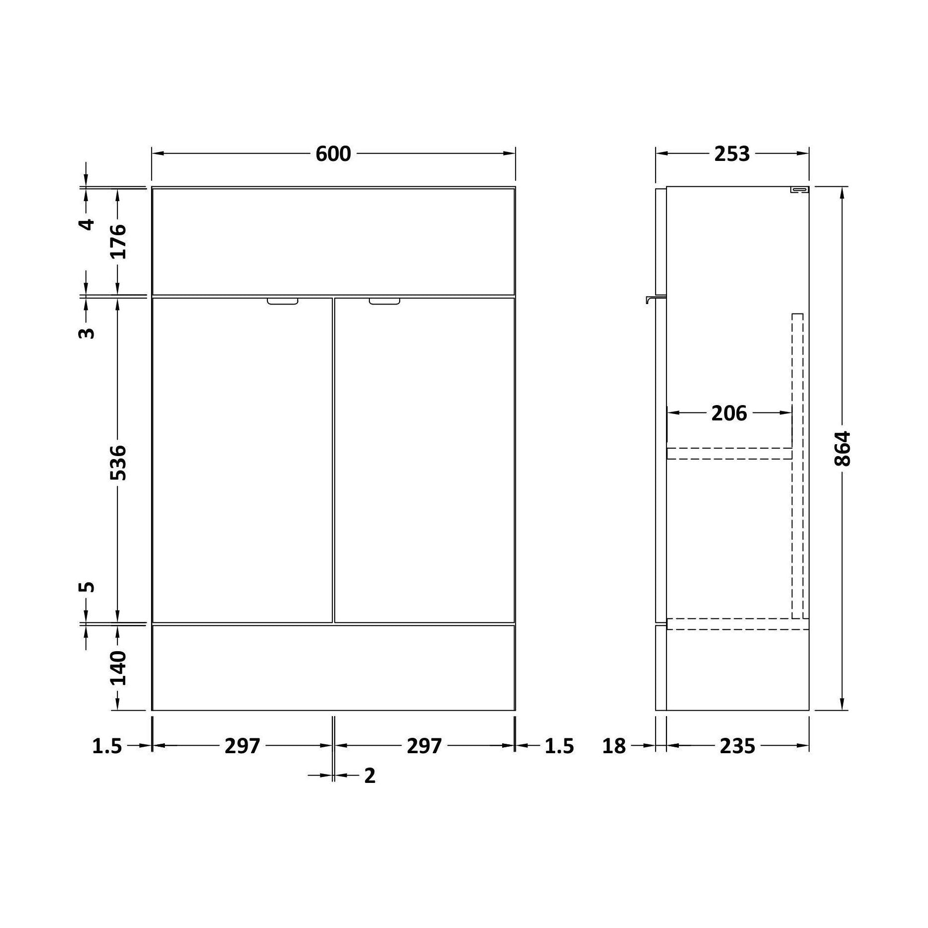 [BFDY107F] 600 Vanity Unit (255mm Deep) - Technical Drawing