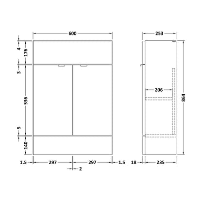 [BFDY107F] 600 Vanity Unit (255mm Deep) - Technical Drawing