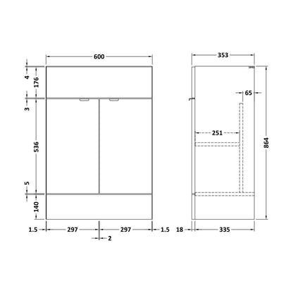 [BFDY108F] 600 Vanity Unit (355mm Deep) - Technical Drawing