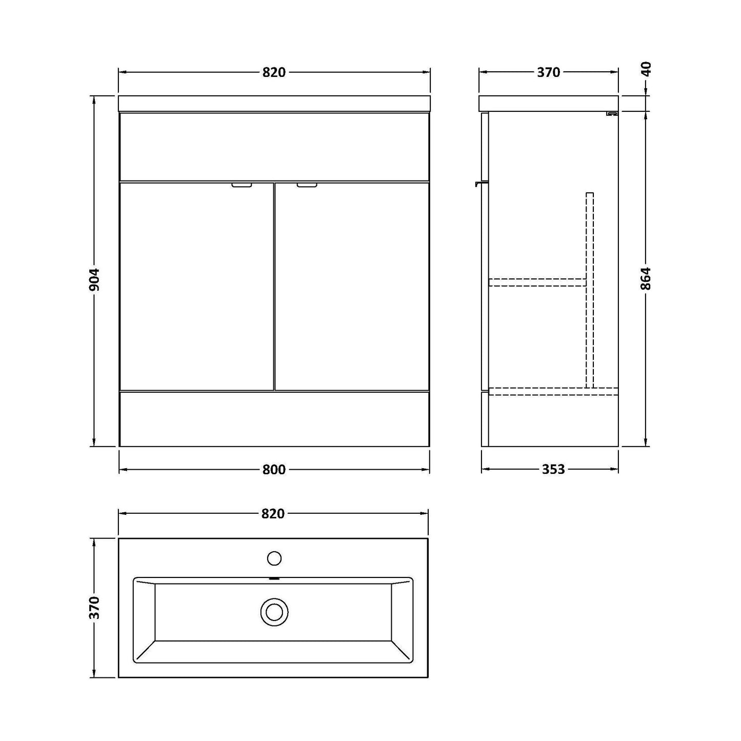 [BFDY128A] Alrewas Contemporary 2 Door Floor Standing Vanity Unit with Basin, Gloss White, 800mm - Technical Drawing