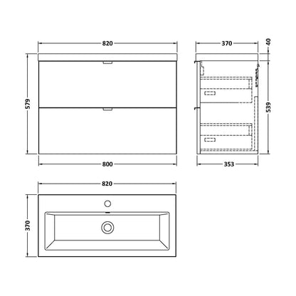 [BFDY131A] Alrewas Contemporary 2 Drawer Wall Hung Vanity Unit with Basin, Gloss White, 800mm - Technical Drawing