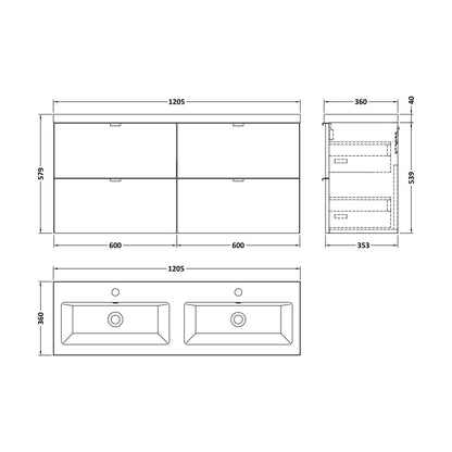 [BFDY132A] Alrewas Contemporary 4 Drawer Wall Hung Vanity Unit with Basin, Gloss White, 1200mm - Technical Drawing