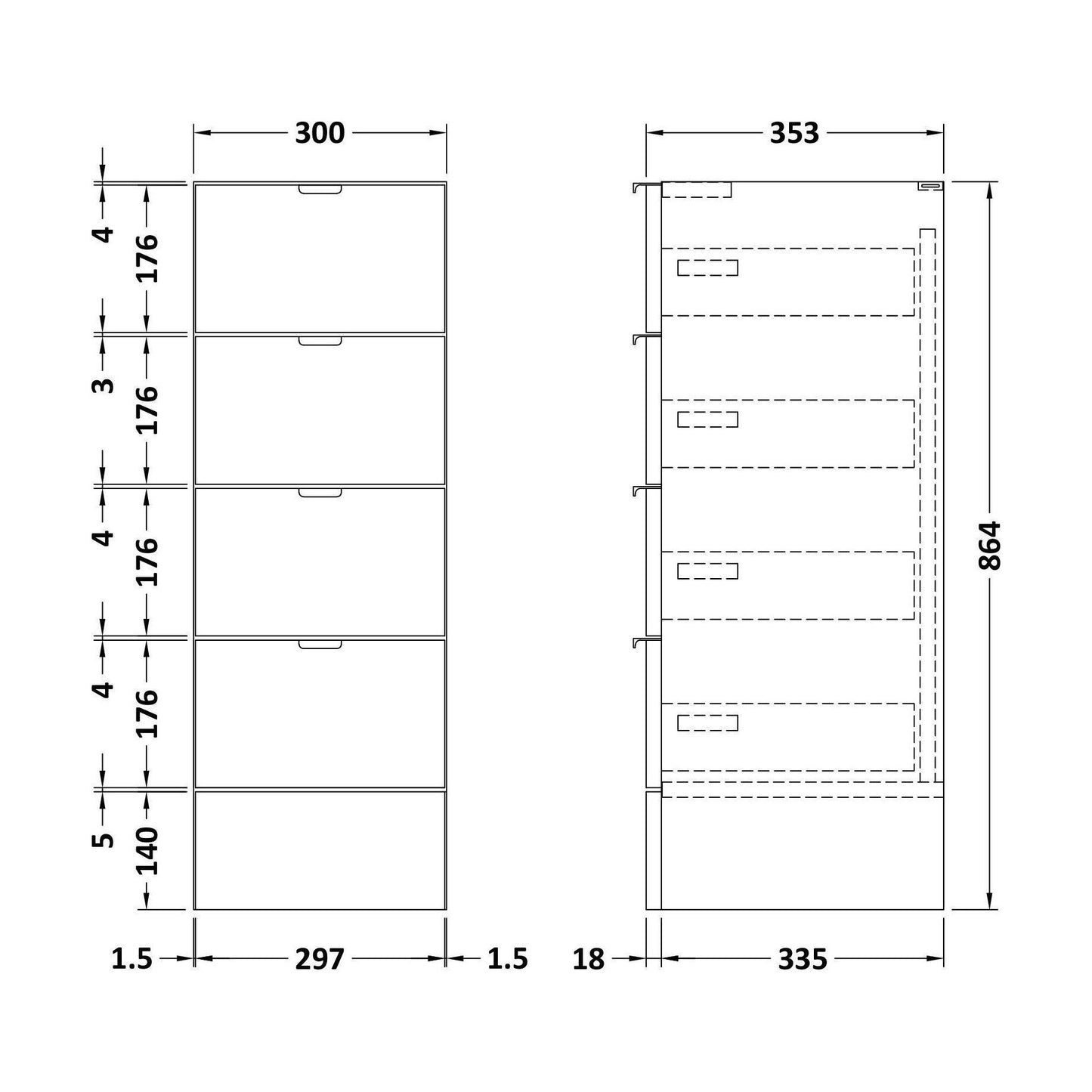 [BFDY132D] 300 Drawer Unit GLWHT - Technical Drawing