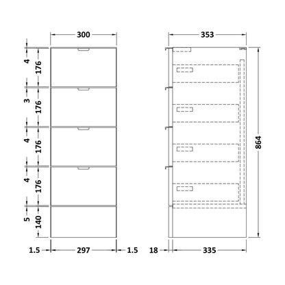 [BFDY132D] 300 Drawer Unit GLWHT - Technical Drawing
