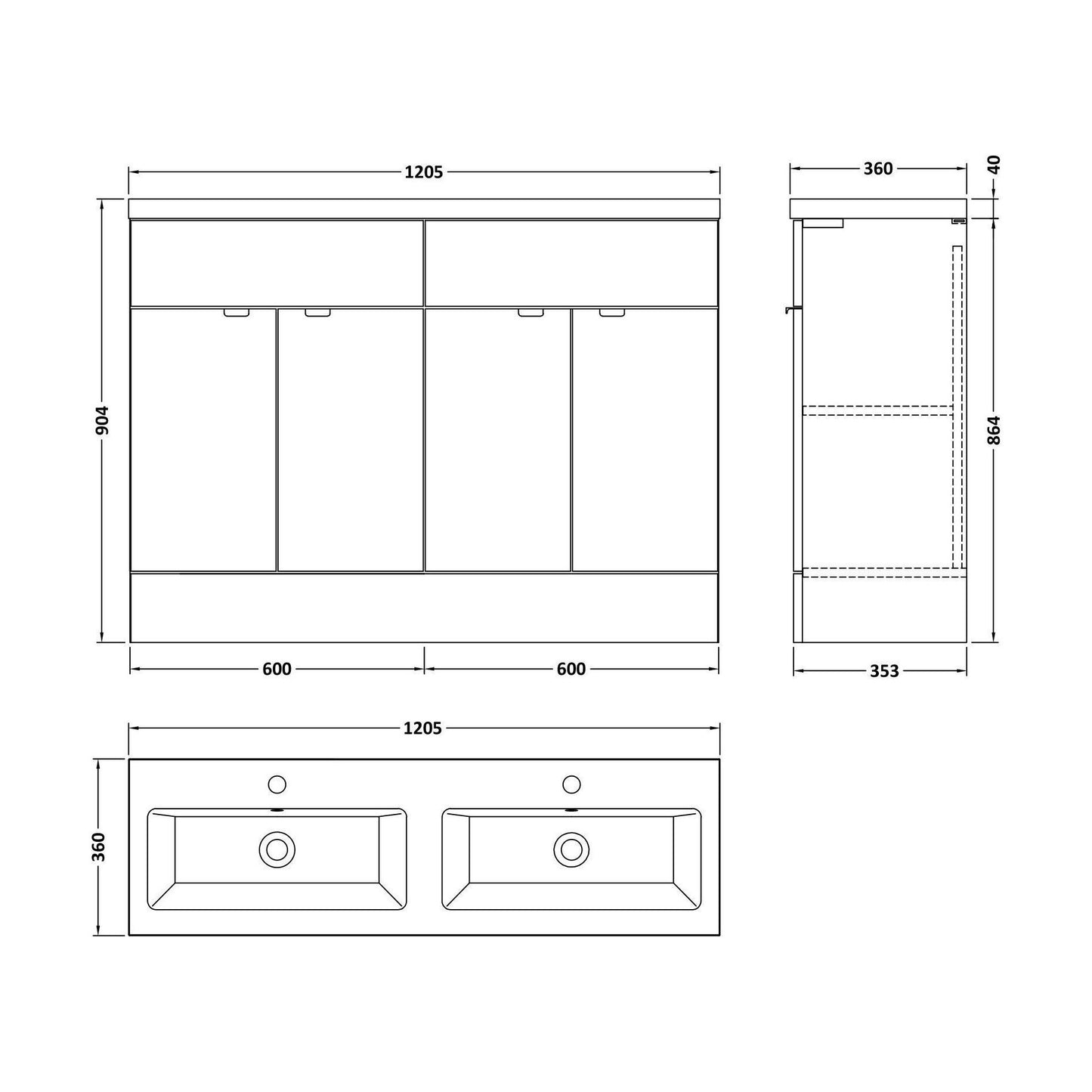 [BFDY134A] Alrewas Contemporary 2 Door Floor Standing Vanity Unit with Basin, Gloss White, 1200mm - Technical Drawing