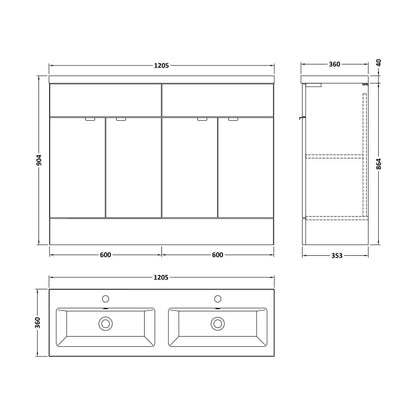 [BFDY134A] Alrewas Contemporary 2 Door Floor Standing Vanity Unit with Basin, Gloss White, 1200mm - Technical Drawing