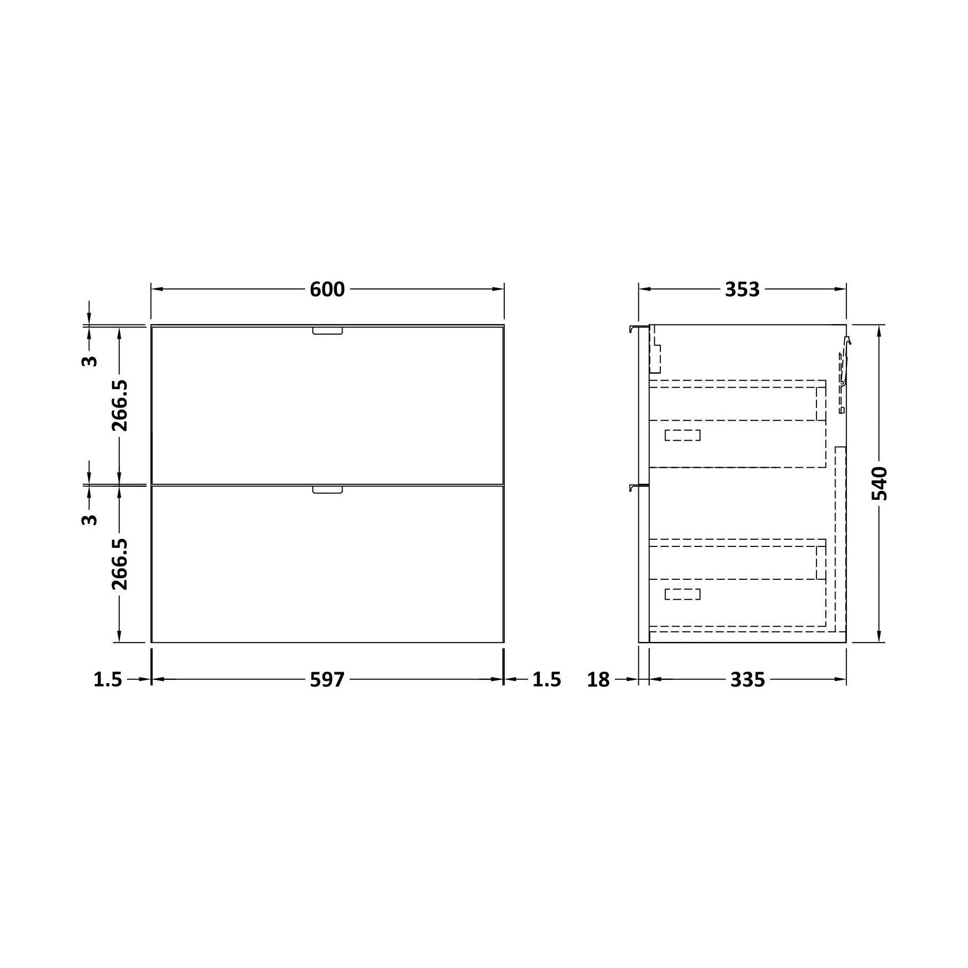 [BFDY137] 600 2-DRAWER WALL HUNG UNIT - Technical Drawing
